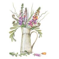 Hand drawn watercolor illustration botanical flowers leaves. Willow eucalyptus branch, tendrils, fern shoots, foxglove snapdragon lupin. Bouquet in jug isolated on white. Design wedding, love cards vector