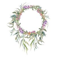 Hand drawn watercolor illustration shabby boho botanical flowers leaves. Willow eucalyptus branch, foxglove snapdragon lupin. Wreath frame isolated on white background. Design wedding, love cards vector