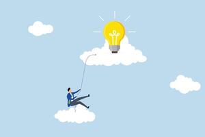 Creative idea, creative man climbing rope to upper cloud to find a light bulb idea. vector