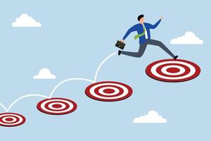 Aspiration and motivation to achieve bigger business target, businessman jumping on bigger and higher archery bull's eye. vector