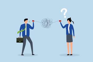 Bad communication, businessman talks through confused chaos, tangled phone line confuses others. vector