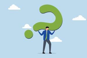 Hard question with no answer, frustrated trying businessman carrying heavy burden of big question mark. vector