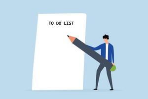 Long to do list, businessman carrying large pen thought to write many to do lists on long piece of paper. vector