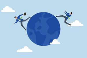 Global business competitor, merchant competes by escaping and catching each other on globe. vector