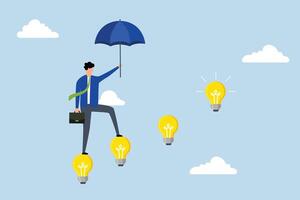 Career success with business knowledge or creativity, businessman walking with innovative light bulb idea lamp as ladder of success. vector