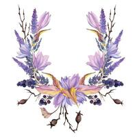 mano dibujado acuarela ilustración desgastado boho botánico flores hojas. azafrán azafrán Rosa cadera verónica lavanda bayas. guirnalda marco aislado en blanco antecedentes. diseño boda, regalo amor tarjetas vector