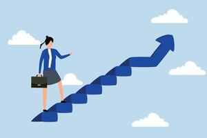 carrera éxito para mujer o hembra liderazgo, mujer de negocios tomando pequeño paso mientras caminando arriba escalera con flecha señalando arriba. vector
