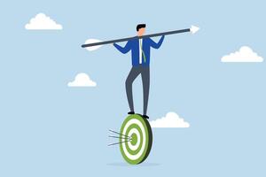 Result oriented business strategy, businessman balances and directs rotating archery target with arrow hit bullseye vector