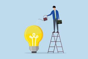 Idea development, businessman is watering light bulb with ladder to fill it with fluids.Idea development, businessman is watering light bulb with ladder to fill it with fluids. vector