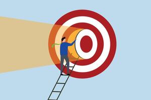 Secret to be success, businessman opens the bullseye door by ascending ladder to large archery target. vector