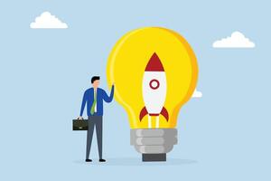 Entrepreneurship, businessman startup owner standing in a light bulb with an innovation rocket. vector