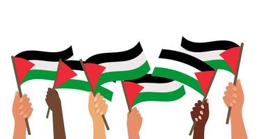 Palestine Independence Day. Hands with Palestine flags. Illustration, banner vector