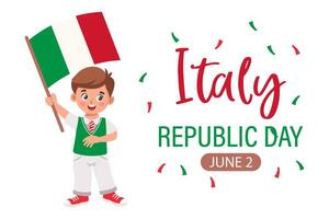 italiano república día, junio 2. linda pequeño chico con Italia bandera. ilustración, bandera vector