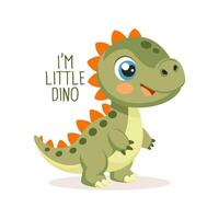 linda bebé dinosaurio en un blanco antecedentes con letras. diseño para saludo tarjetas, invitaciones, impresión en ropa. vector