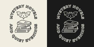 Mystery novels and quiet evenings text. Books and bat illustration design for printable products. vector