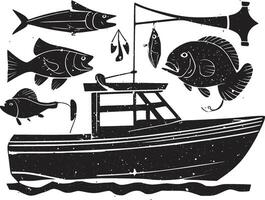 A black silhouette of a fish. boat, rod, clip art vector