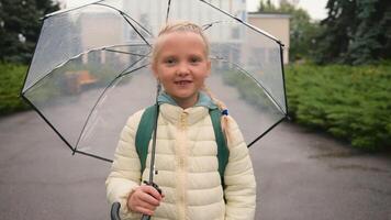 poco europeo ragazza guardare a telecamera sorridente Tenere ombrello piovoso tempo metereologico bambino allievo ragazzo città al di fuori parco espressione divertente infantile parasole zaino primario scuola scuola materna prescolastico godere video