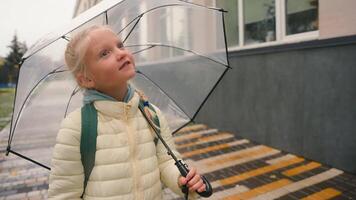 wenig Mädchen Schülerin Gehen gehen Bürgersteig Straße Stadt draußen suchen beim Gebäude Tochter Nachwuchs Kindergarten Wochenende Lektionen primär Schule Bummel tagsüber halten Regenschirm Regen Schüler Kind video