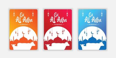 Eid al Adha Mubarak celebration with cow and goat illustration set banner design vector