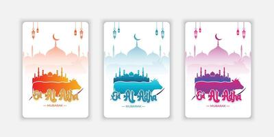 Eid Al-Fitr Mubarak. Collection of greeting cards with sacrificial lambs in colorful colors and mosque silhouettes on a white background. Eid al-Fitr and Eid al-Adha themes. vector