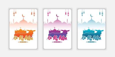 Eid Al-Fitr Mubarak. Collection of greeting cards with sacrificial lambs in colorful colors and mosque silhouettes on a white background. Eid al-Fitr and Eid al-Adha themes. vector