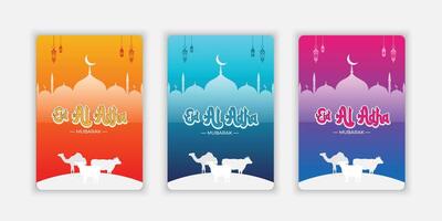 Happy Eid Al Adha Mubarak celebration set banner with paper cut effect on gradient color background. Eid Al Adha Mubarak Muslim celebration day vector