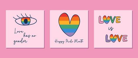 Set of groovy 70s style retro posts with LGBTQ symbols. Happy Pride Month cards, banners, prints. Doodle style illustrations. vector