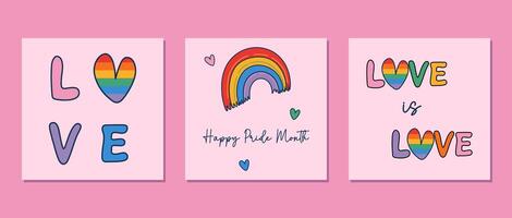 Set of groovy 70s style retro posts with LGBTQ symbols. Happy Pride Month cards, banners, prints. Doodle style illustrations. vector