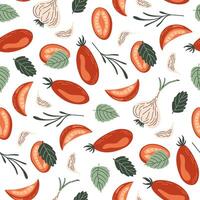 Sun-dried tomatoes seamless pattern. Fresh summer vegetables background. Cute ornament with tomatoes, garlic, basil and herbs. Flat style illustration for fabric, paper, card. vector