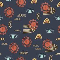 Abstract y2k background. Seamless pattern with the Sun, eye, rainbow, doodle textures on navy backdrop. Hand drawn illustration. vector