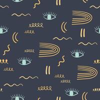 Abstract y2k background. Seamless pattern with eye and doodle textures on navy backdrop. Hand drawn illustration. vector