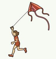 A Girl Running Fly a Kite Child Playing vector