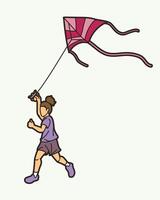 A Girl Running Fly a Kite Child Playing Cartoon Sport vector