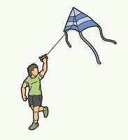 A Boy Running Fly a Kite Child Playing vector