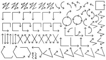 Hand drawn arrow icons collection of scribble doodle arrow elements, shapes, lines, pointing mark. vector