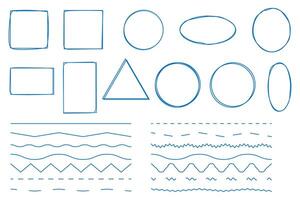 Hand drawn different frames and zigzag lines in doodle style sketch of graphic elements. vector