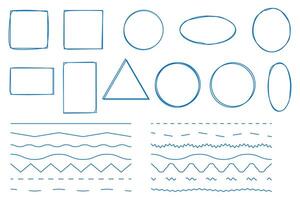 Hand drawn different frames and zigzag lines in doodle style sketch of graphic elements. vector