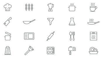 Kitchen and cooking line icons set. Recipe book, chef hat and cutting board, frying pan and Kitchen utensils. Fork, spoon and knife line icons. Outline icon collection. Thin outline icons pack. vector