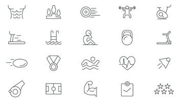 Sport, gym and fitness line icons set. Healthy lifestyle, weight training, body care, physical activity outline icons collection. Thin outline icons pack vector