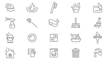 House cleaning icons set. Cleaning Washing machine, Housekeeping service and Maid cleaner equipment, housework, Window cleaning, Wipe off, laundry washing machine line icon collection. vector