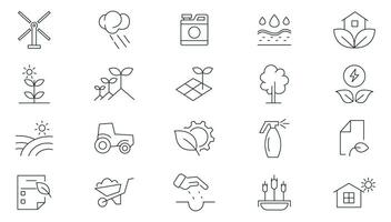 Farm, farming and agriculture line icons set. Nature, greenhouse, haystack, harvest gardening, agriculture, smart farm, farm animals, seeding outline icon collection. vector