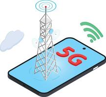 isométrica 5g célula torre conectando teléfono inteligente vector