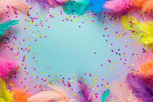 Vibrant feathers and confetti contrast beautifully with azure backdrop and copy space. photo