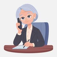 An elderly woman working as a manager in a management position sits at her desk and talks on the phone. vector