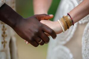 An elegant gesture as a black man and a white woman intertwine fingers photo