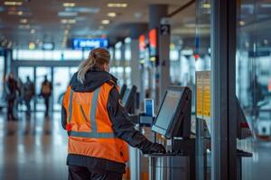 A woman in highvisibility workwear stands by a computer in an airport photo