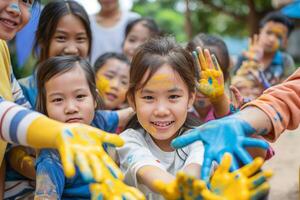 a group of children with their hands painted yellow and blue photo