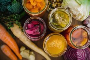 Biohacking. Wooden table with jars of pickled veggies, a plantbased dish recipe photo