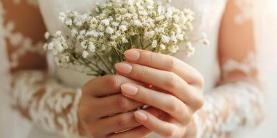 Woman in wedding dress holds babys breath bouquet, a delicate gesture photo