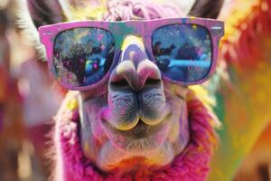 Holi Festival and Close up of llama in pink sunglasses for entertainment event photo